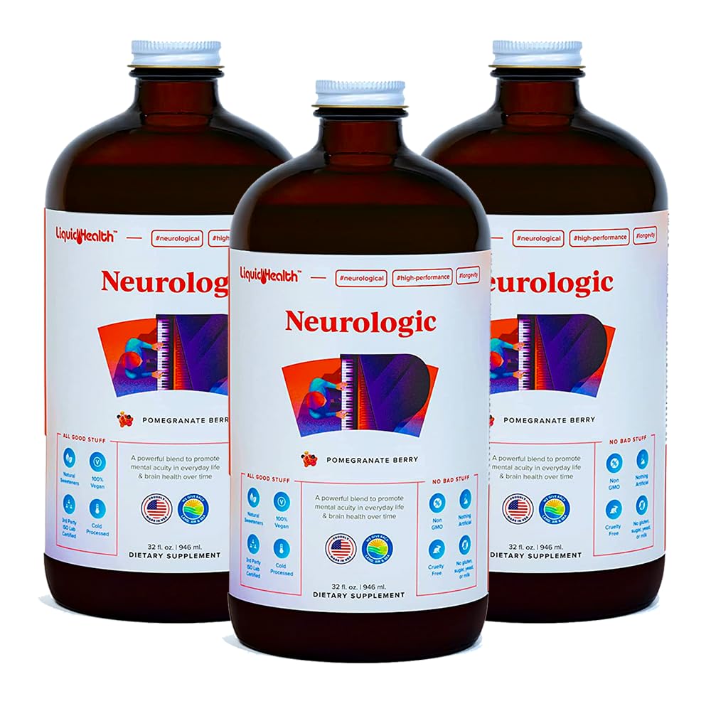 LIQUIDHEALTH Neurologic Focus Supplement - Brain Booster Nootropic Supplement for Cognitive Function, Memory & Focus with Ginkgo Biloba, Choline, L-Theanine & Phosphatidylserine - USA Made (3 Pack)