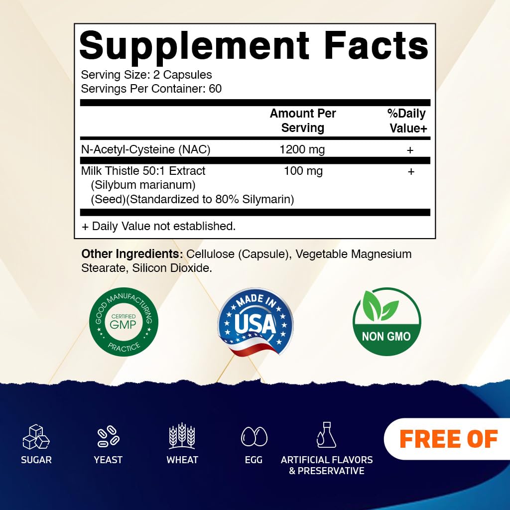 Vitamatic NAC Supplement N-Acetyl-L-Cysteine (NAC) with Milk Thistle 50:1 Extract - Supports Immune, Respiratory, Liver Health, 1200 mg per Serving, 120 Veg Capsules — Amazon image 2