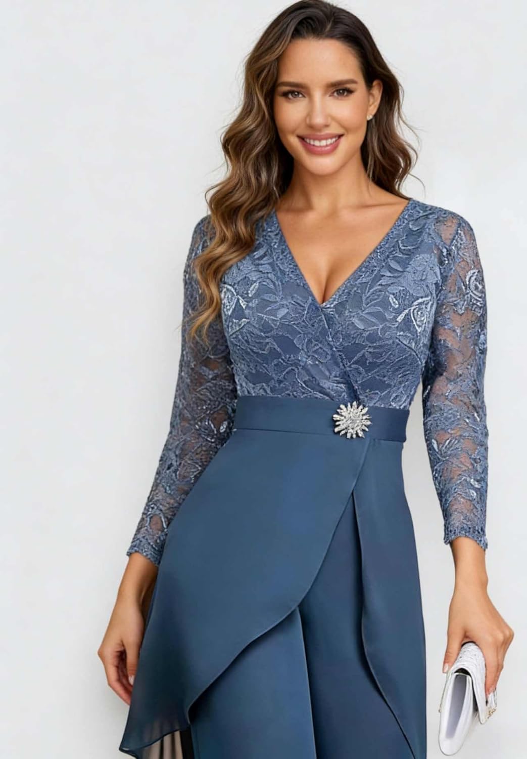 Chiffon Mother of The Bride Pant Suits Dressy V Neck Lace Beaded Wedding Guest Jumpsuit for Women