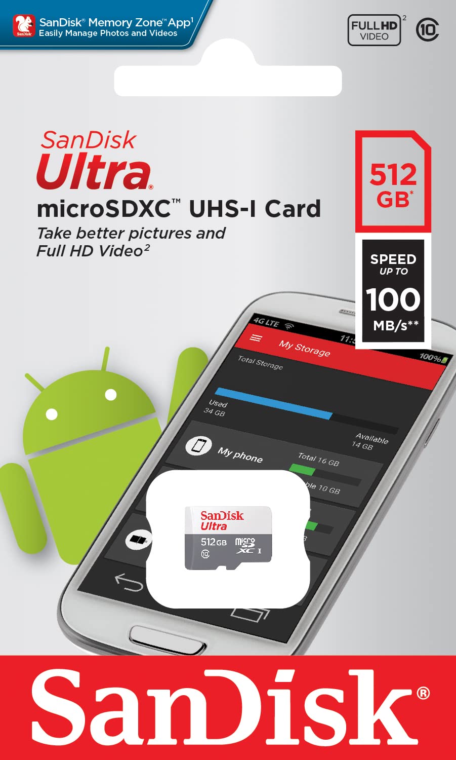 SanDisk Ultra microSDXC 512GB + SD Adapter 100MB/s Class 10 UHS-I- Tablet Packaging