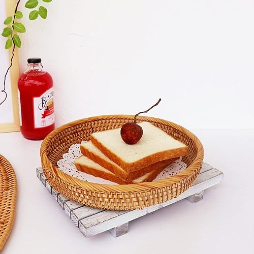 Miniatura 6 de I-lan Cesta de pan de ratán de 9 pulgadas con pared de 2 pulgadas, bandeja plana de mimbre con borde enrollado, cuenco redondo decorativo para todos