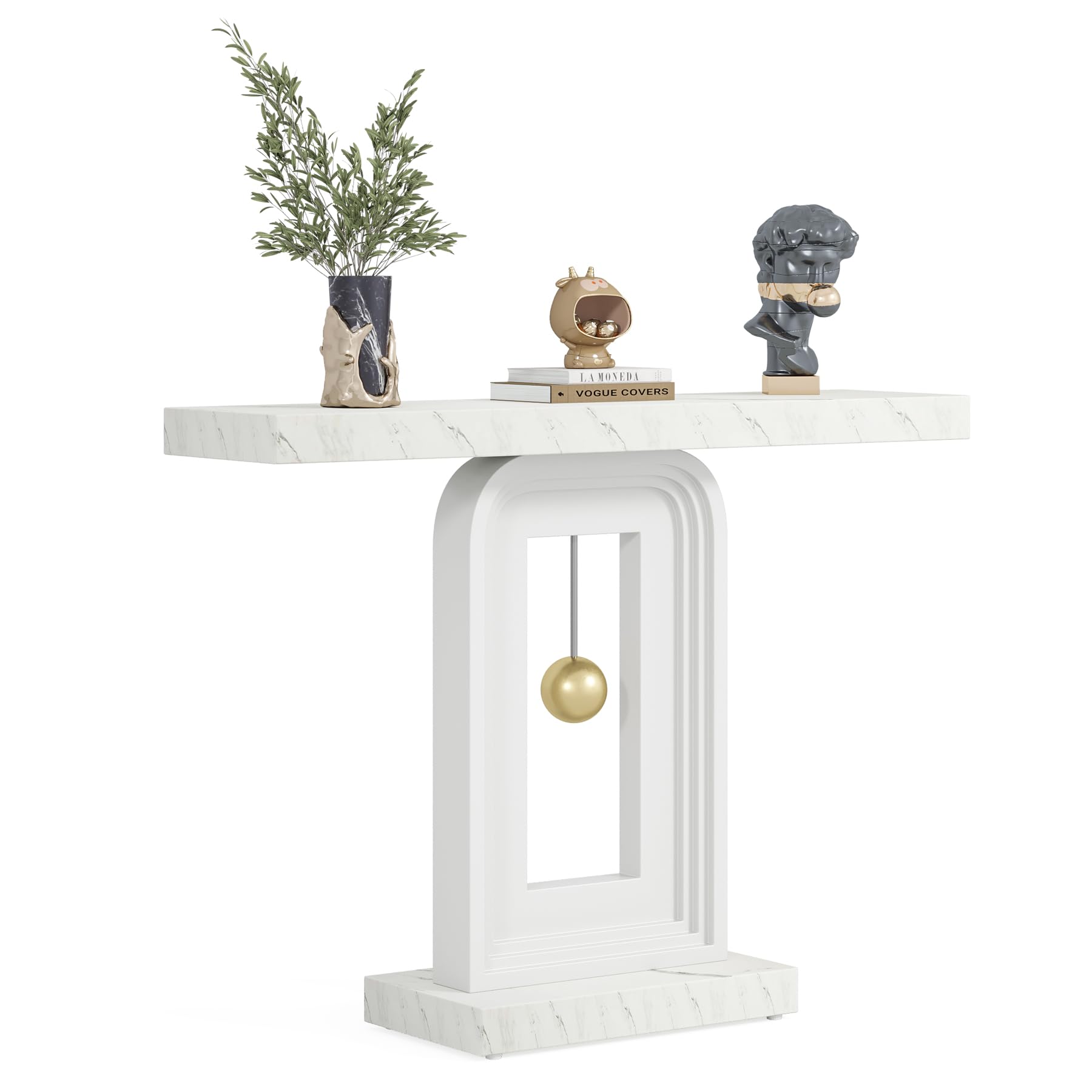 LITTLE TREE 39.4-Inches Modern Console Table, Narrow Sofa Table with Geometric Base, Contemporary Wood Entryway Table for Living Room Hallway Entrance, Faux Marble White