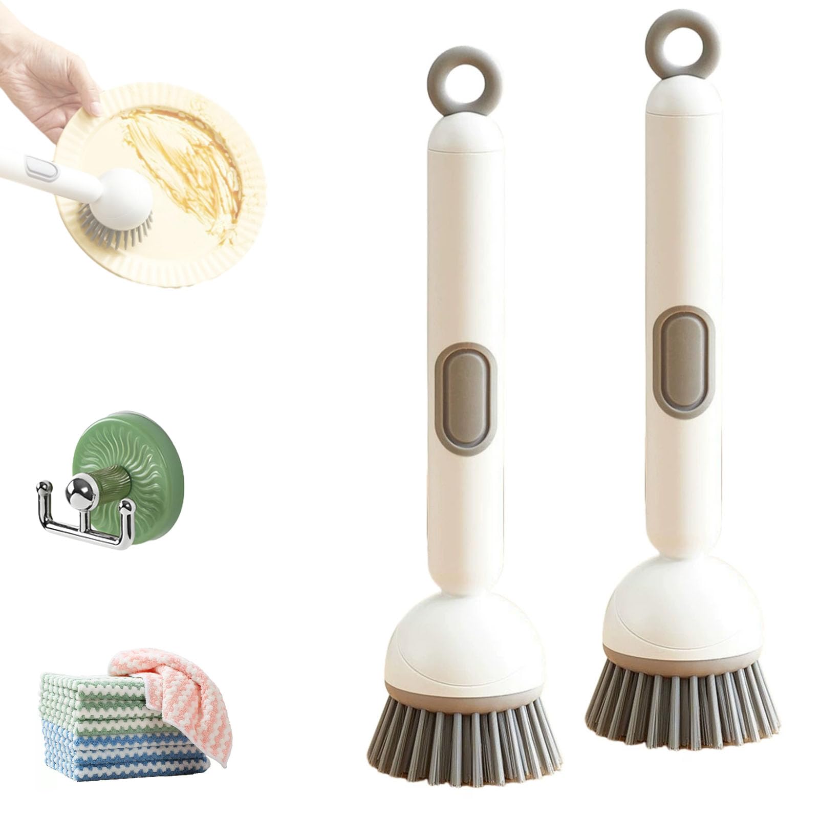 6-in-1 Rotatable Dish Brush with Detergent Dispenser, 360° Dish Scrub Brush with Soap Dispenser, Angle-Adjustable PET Bristles for Efficient Cleaning Pots, Pans, Tableware, Cookware (2-Pack)