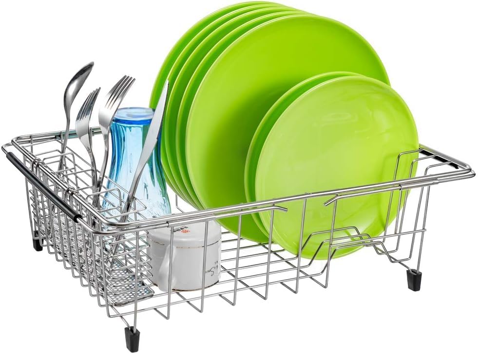 Miniatura 5 de blitzlabs Dish Drying Rack Expandable Dish Drainer Rack Deep Large Dish Shelf Rack in Sink On Counter Rustproof Stainless Steel with Utensil