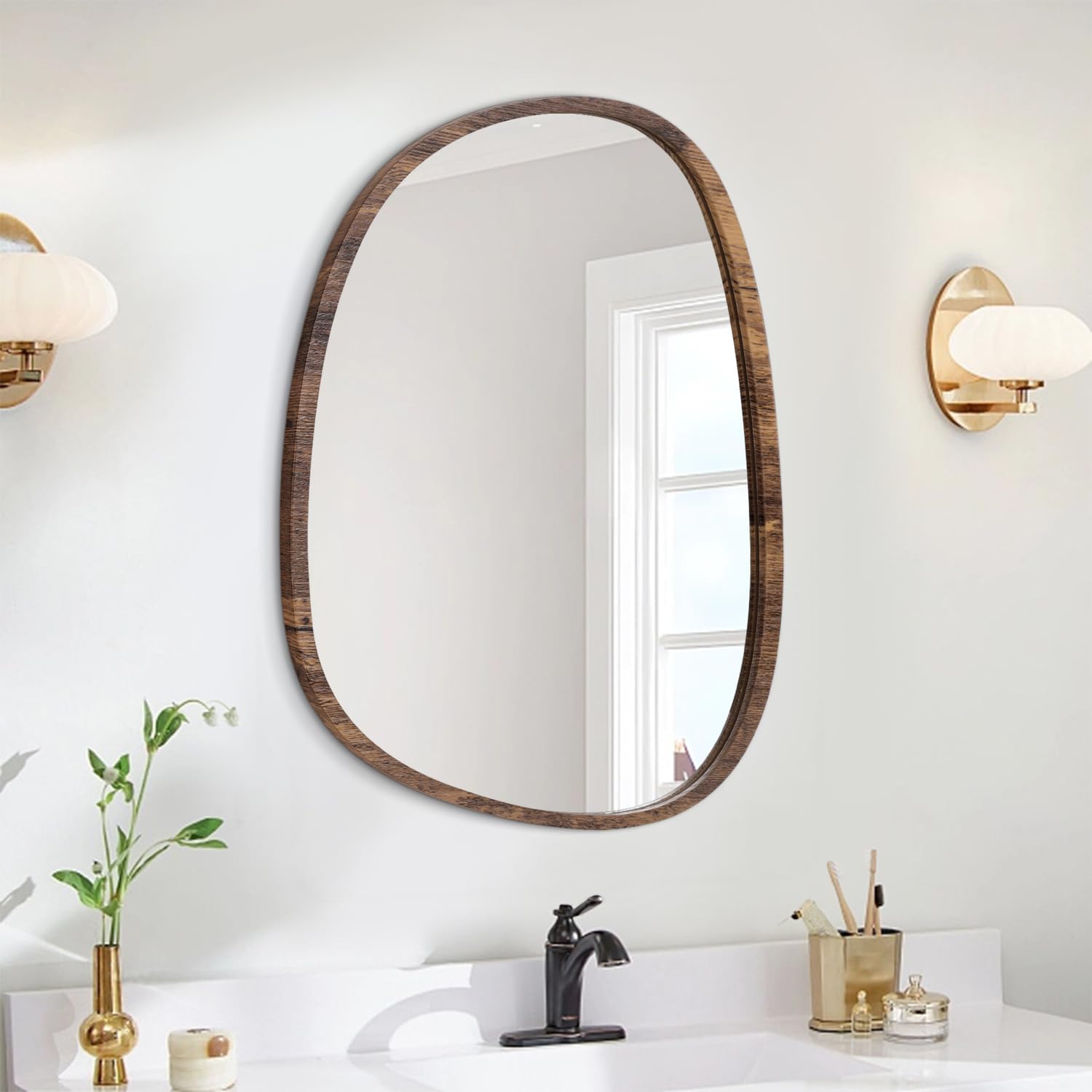 Irregular Wall Mirror Asymmetrical Wood Mirrors Small Framed Oval Wall Mirror Unique Shape Artistic Mirrors for Bedroom Bathroom Vanity Living Room Entryway Hallway Wall Decor