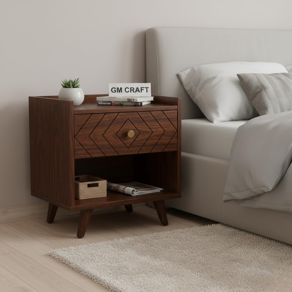 Sheesham Wood Bedside Table for Bedroom with Drawer & Open Shelves Storage - Wooden Bedside Table with Drawer Storage Nightstand End Table for Living Room Sofa Side Table (Design 1)-picture-14