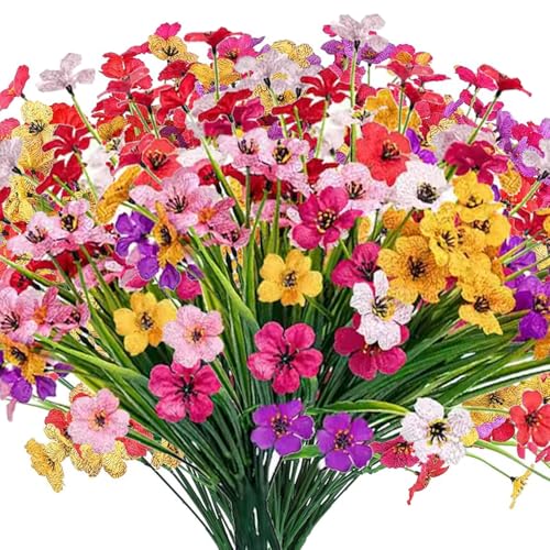 18 Bundles Artificial Flowers for Outdoor Decoration, UV Resistant Faux Shrubs, Outdoor Artificial Plants for Garden Porch Patio Window Box, No Fade Plastic Bushes with Greenery for Outside Use