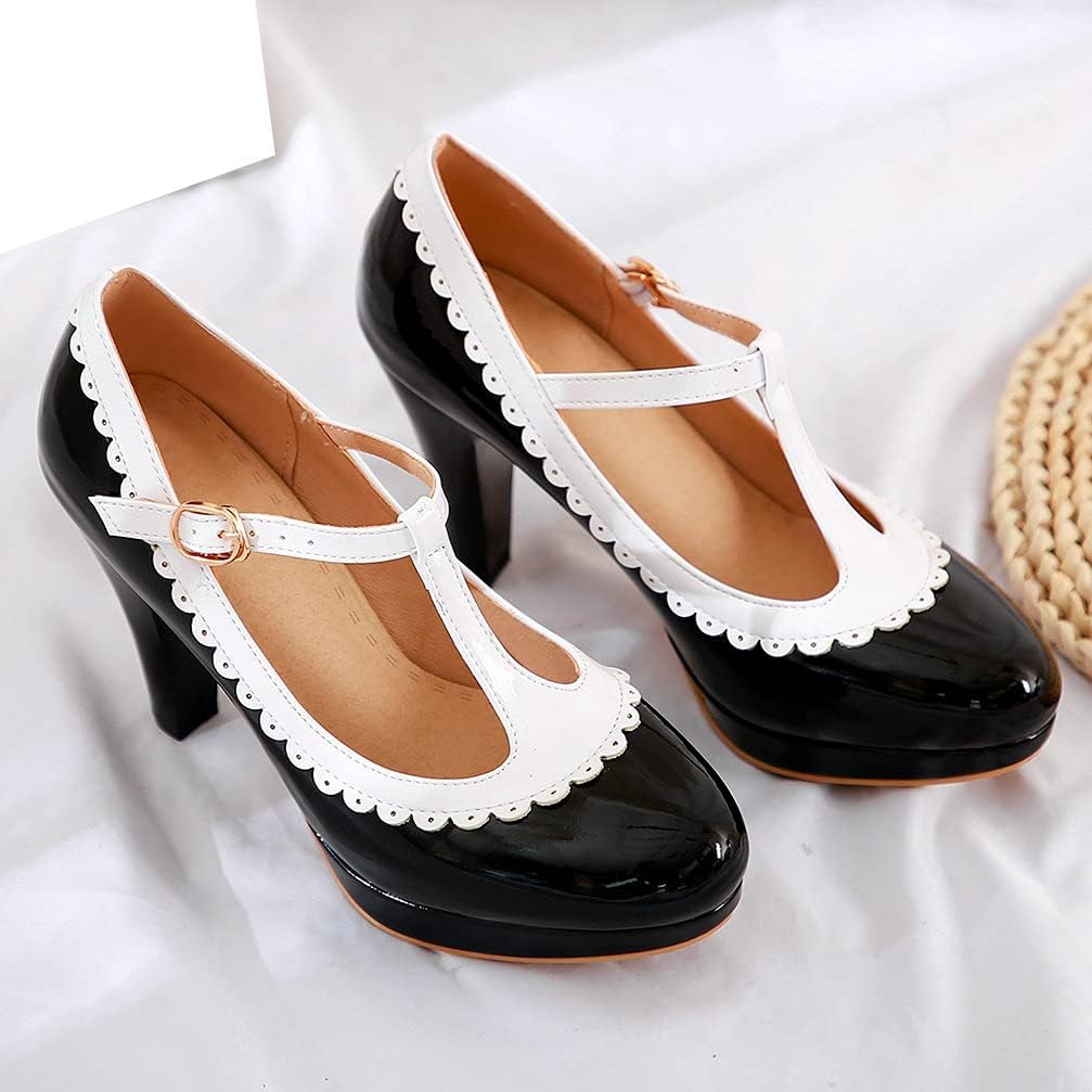 KOKOMOMO Womens Rockabilly Shoes T Strap Platform Mary Janes High Heel Patent Ankle Strap Pumps