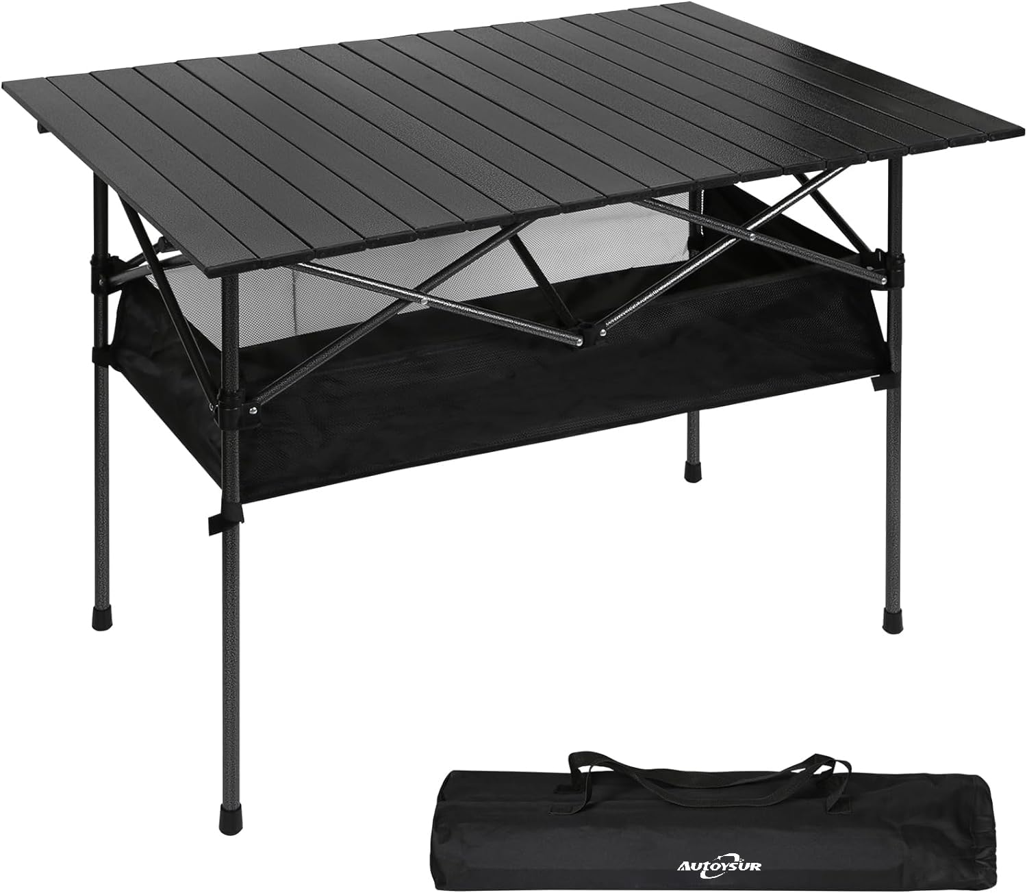AUTOYSURFolding Camping Table, Adjustable Height, Lightweight and Portable Aluminum Hexagonal Legs Folding Outdoor Table with Mesh Layer, 47 x 22 x 20 Inches (Black-Large-Elevated)