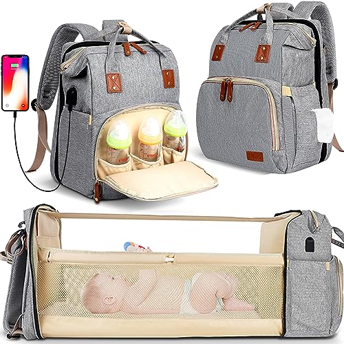Image of HKZ Diaper Bag Backpack 5 in 1 Baby Diaper Bags for Girls and Boys,Travel Foldable Baby Large with USB Charging Port (Gray)