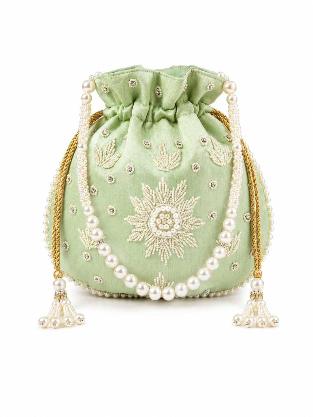 Mint Green Potli Bag with Pearl Embroidery, Drawstring Potli, Floral Beadwork, Ethnic Bridal Potli-image-34