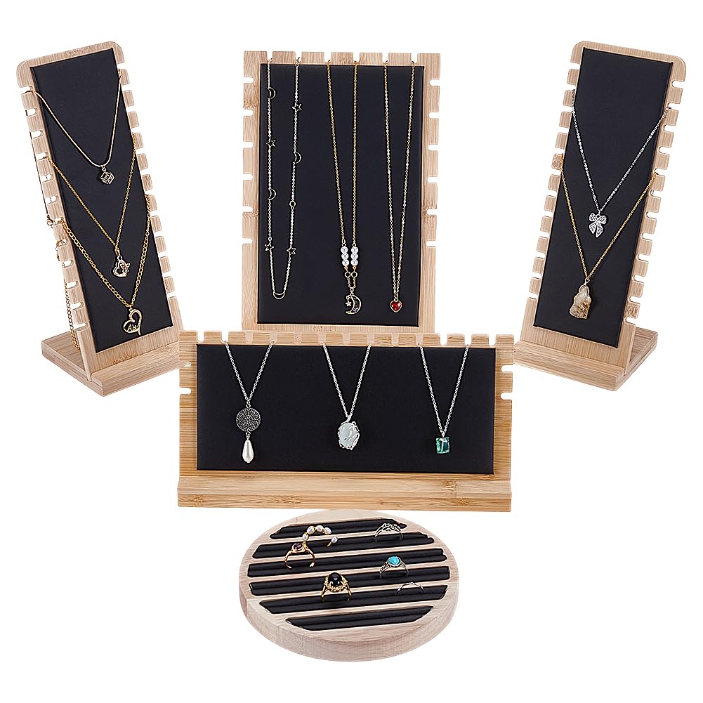 FINGERINSPIRE 5 Pcs 4 Styles Bamboo Jewelry Display with Black Leather Soft Mat Necklace Tabletop Display Boards Ring Display Holder Jewelry Storage Tray Necklace Bracelets Chains Display Stands