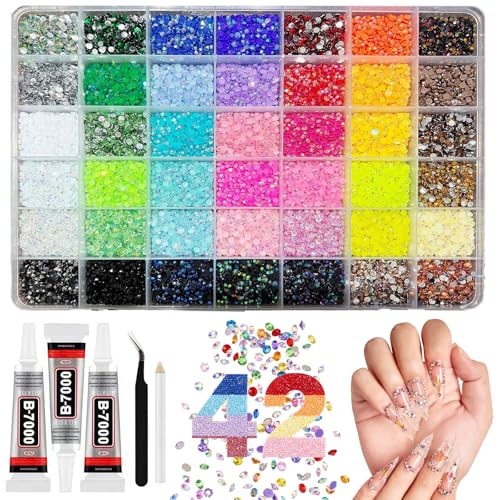 Yakiter 34000Pcs Bedazzling Kit 42 Colors Resin Jelly Rhinestones Bedazzling Kit 3mm Resin Gems Set with 3Pcs 10ml Jewelry Glue for Nail Art DIY Crafts Shoes Jewelry Makeup Decorations