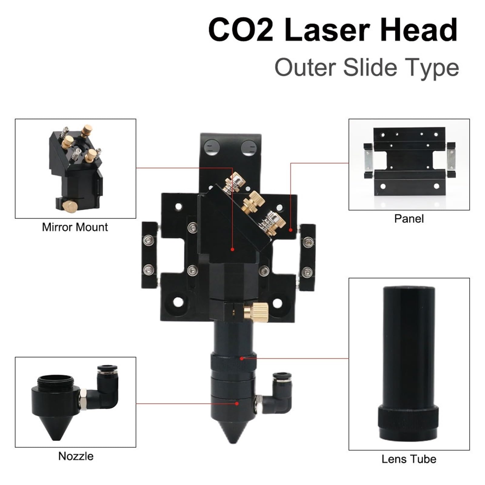 Arrival CO2 Laser Head for Dia.20mm FL 50.8/63.5mm Lens D25mm Mirror Outer Slider Type with Air Assist Nozzle