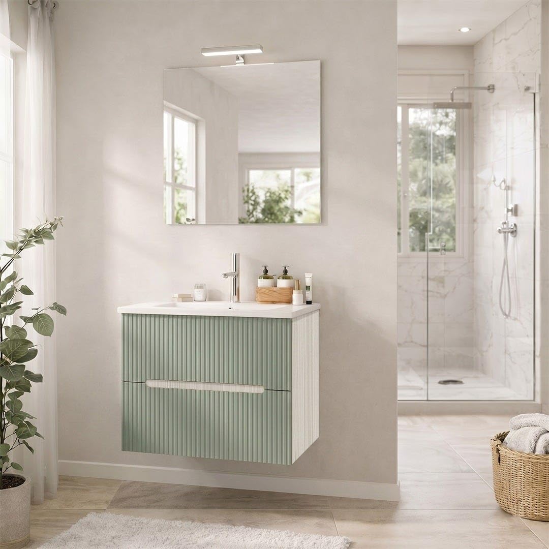 Kiamami Valentina Mobile Bagno Sospeso 60 Cm Rovere Ghiaccio Verde Salvia