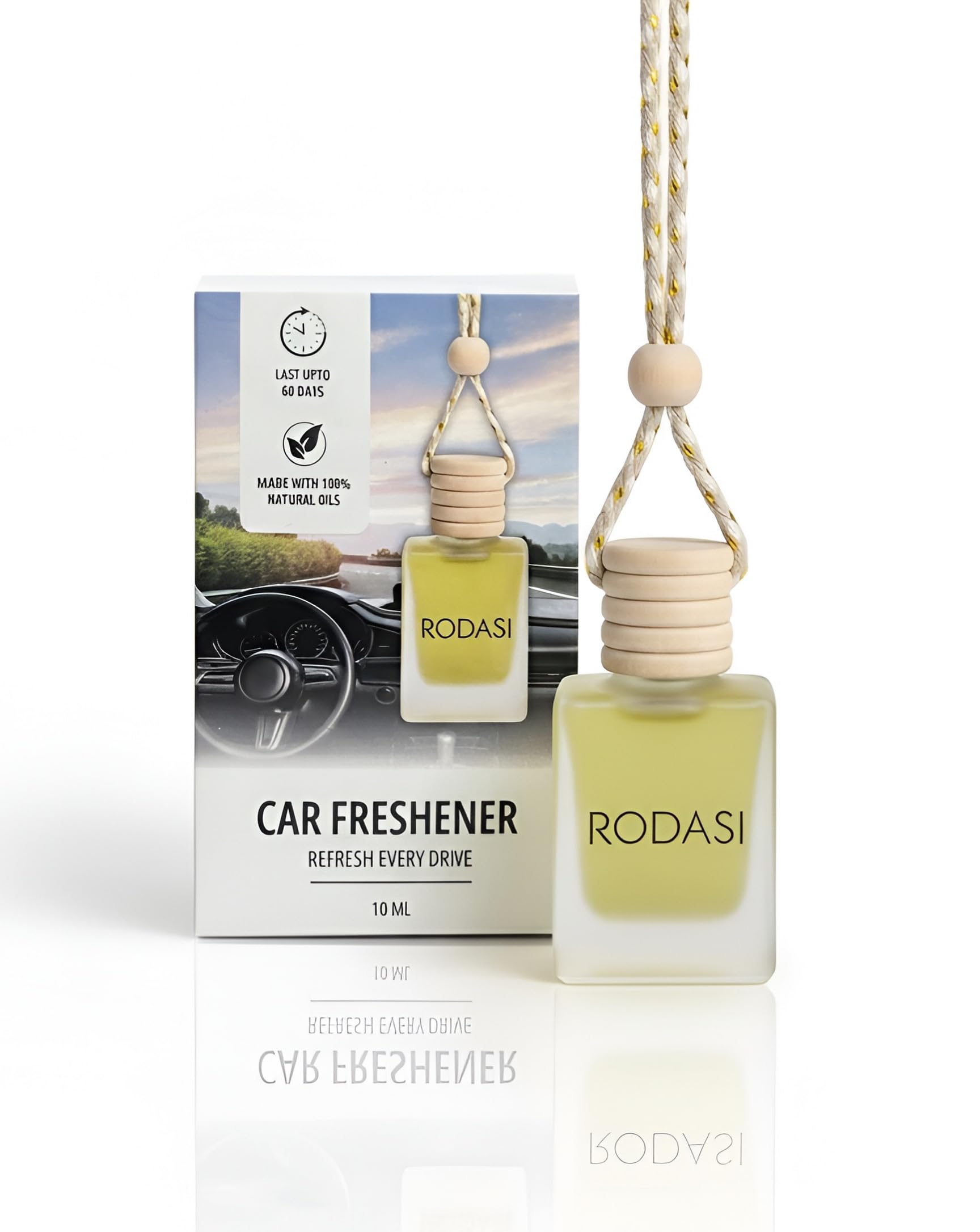 Rodasi Sandalwood Car Air Freshener | Hanging Car Perfume with Essential Oils | Long-Lasting Aroma in Glass Bottle with Wooden Diffuser Lid | 10ml Hanging Car Scent (Pack of 1) 1