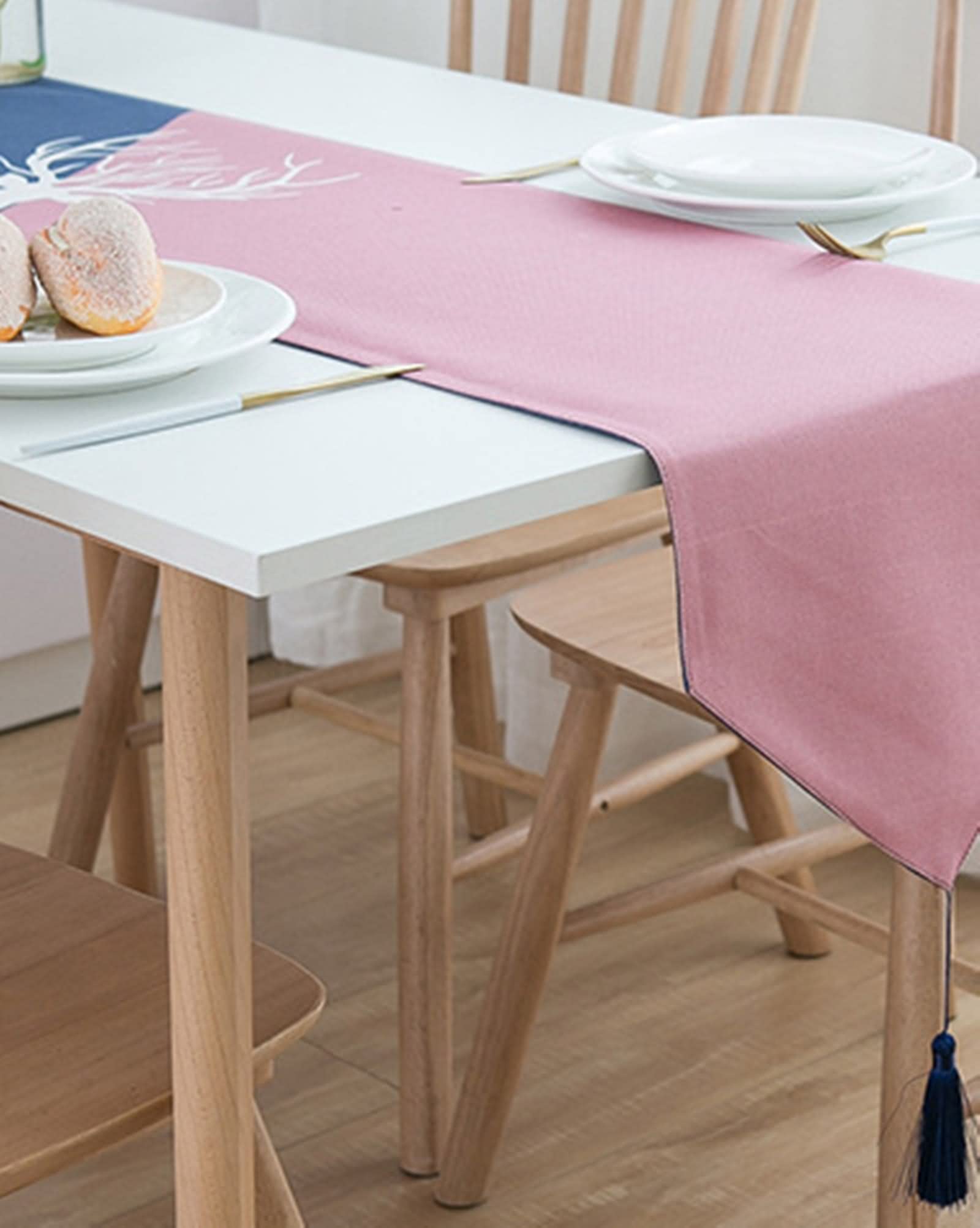 Camino de Mesa Rustico, Centro Mesa Comedor Decoracion Estilo Nórdico Ciervo Rosa Azul Oscuro Poliéster 33x180CM