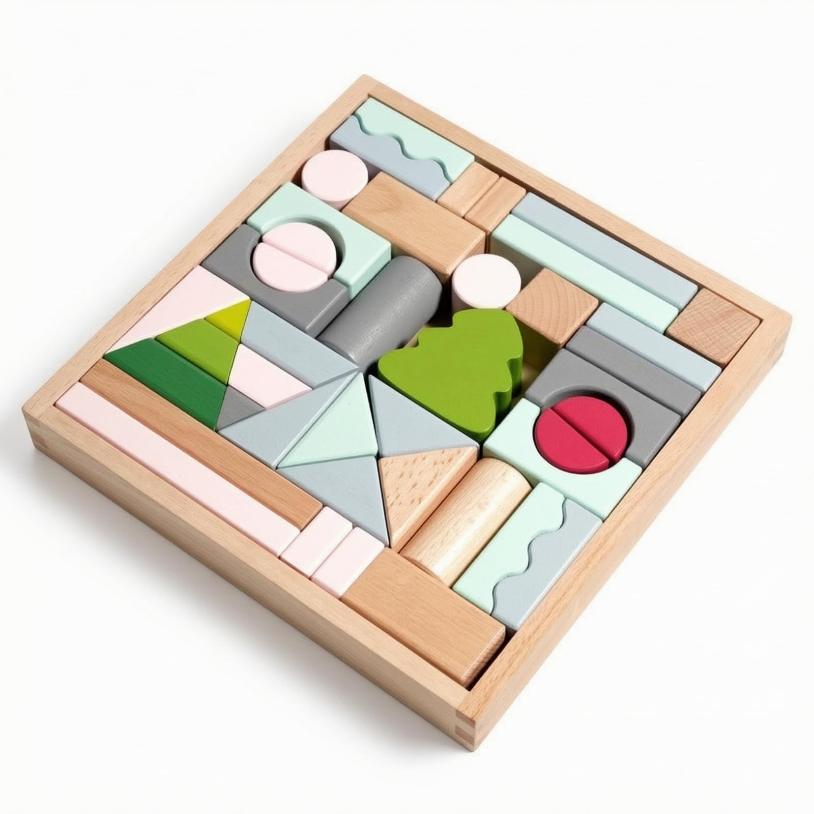 Gralara Blocchi di Legno con Vassoio Colorato Set di Blocchi da Costruzione in Legno Naturale Giocattolo per Spazio Giochi, Asilo Nido, Scuola Dell'infanzia