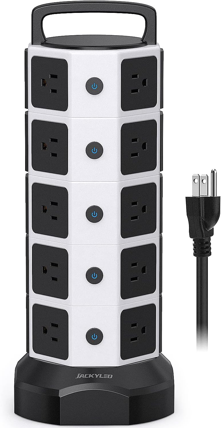 Power Strip Tower Surge Protector 1050J, JACKYLED 20 AC Outlets 6 USB Ports, 3000W 13A Desktop Electrical Charging Station, 6.5ft Heavy Duty Extension Cord, for Home, Office, Garage, White Black Power Strip Tower Surge Protector 1050J, JACKYLED 20 AC Outlets 6 USB Ports, 3000W 13A Desktop Electrical Charging Station, 6.5ft Heavy Duty Extension Cord, for Home, Office, Garage, White Black