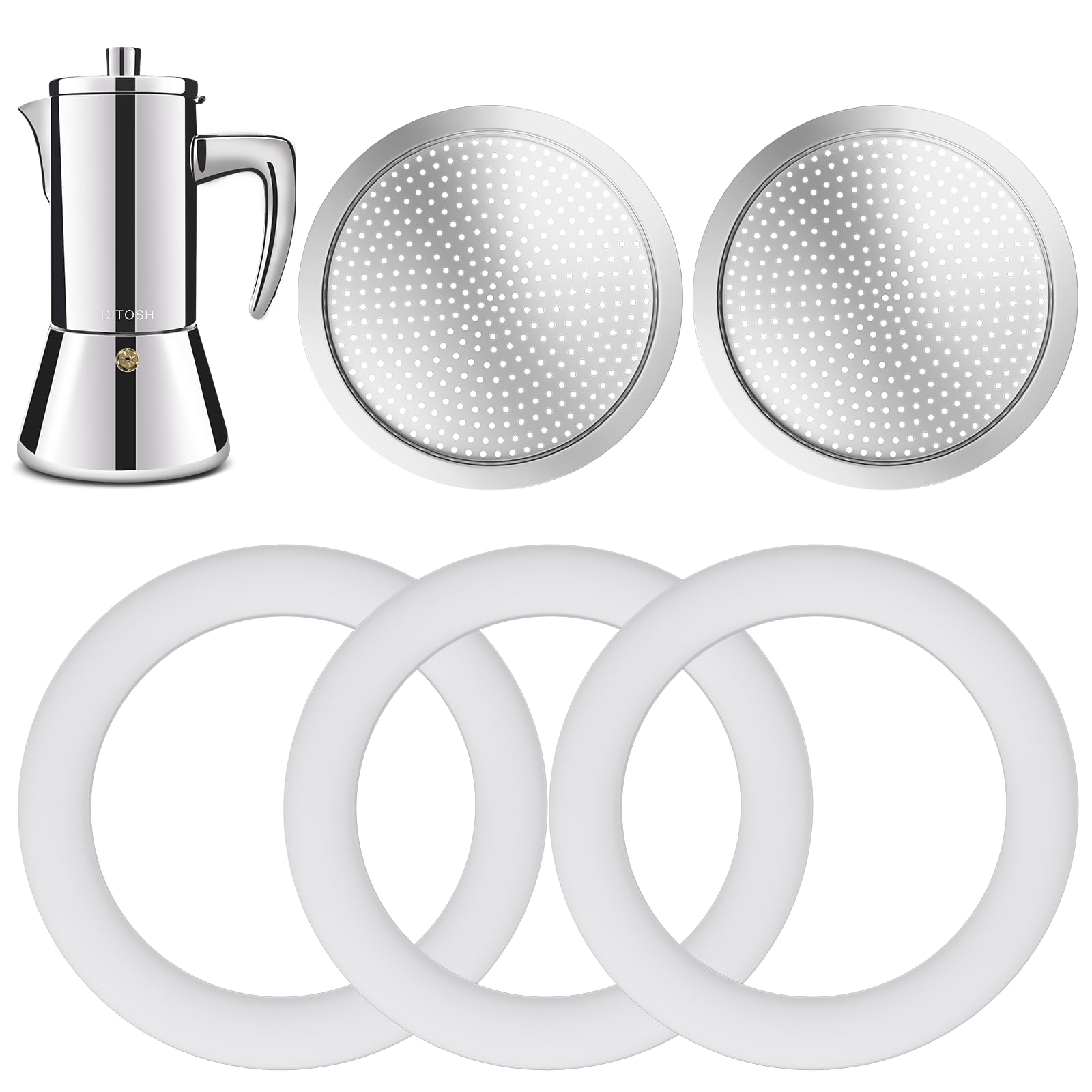 2 Pcs Filter with 3 Pcs Silicone Gasket Seals for 12 Cup Stovetop Espresso Coffee Maker Replacement Parts for 304 Stainless Steel Moka Pot