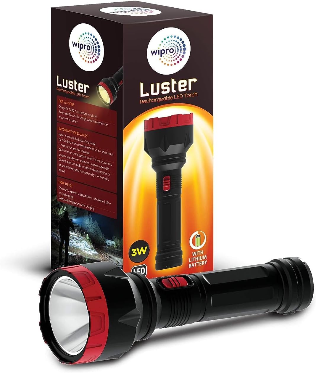 wipro Luster 3W Led Bright Rechargeable Torch with High Quality LED Light | Dimmable Emergency Torch Light with 1200 mAH Li-Ion Battery | Compact Torch with 2 Step of Brightness | Red | Pack of 1