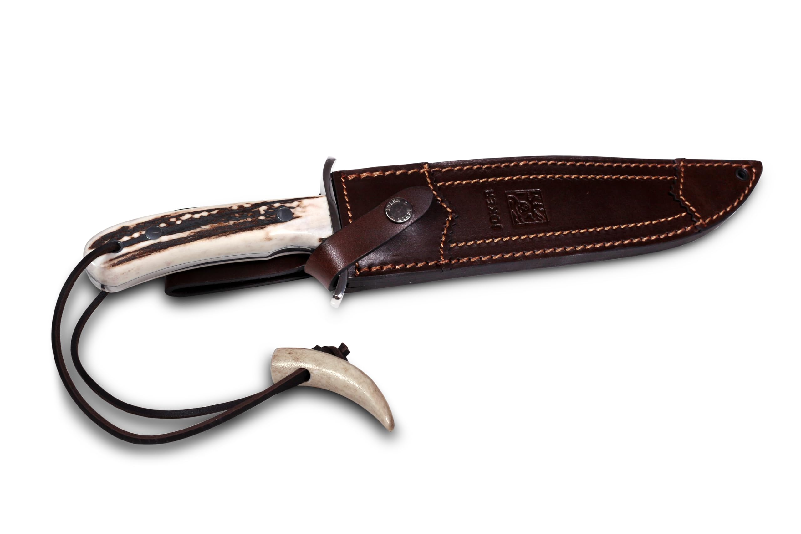 Joker Bowie Jagdmesser 9,45” CC139 mit Edelstahl-Schutz, Hirschhorngriffen, gerader Klinge von 23,5 cm, 554 gr, brauner Lederscheide, Werkzeug zum Angeln, Jagen, Campen und Wandern
