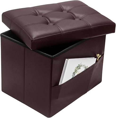 Miniatura 23 de Otomana de almacenamiento, taburete plegable con asiento acolchado de espuma más gruesa, otomana pequeña de almacenamiento de cuero, banco Negro