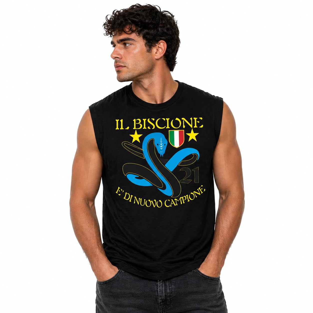 T-Shirt Smanicata Internazionale Campione d'Italia Seconda Stella 21 Scudetti Il Biscione e' di Nuovo Campione | Canotta Cotone Scudetto Neroazzurro PS 29999-INT02