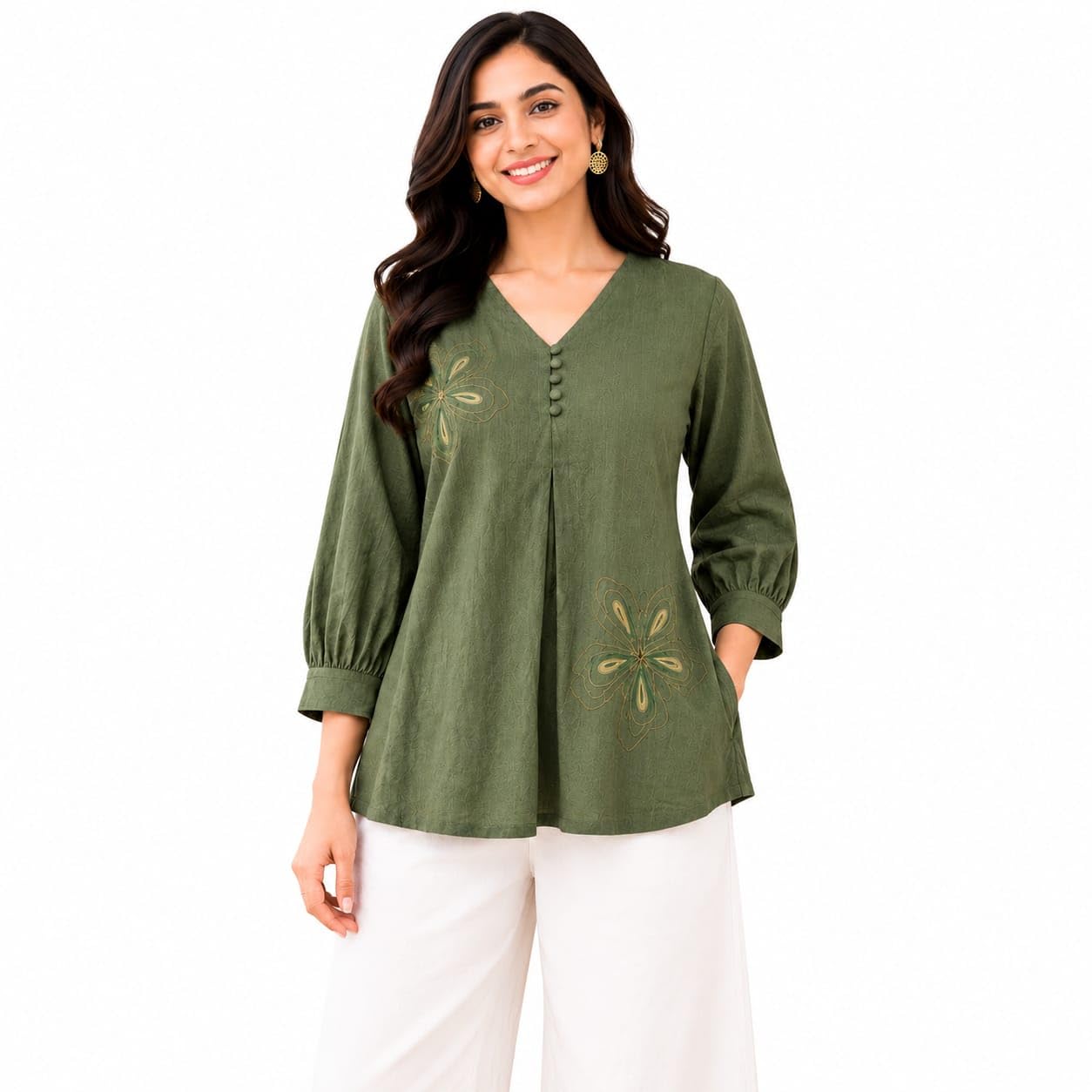 Women's Floral Embroidered V-Neck A-Line Cotton Blend Top-image-35