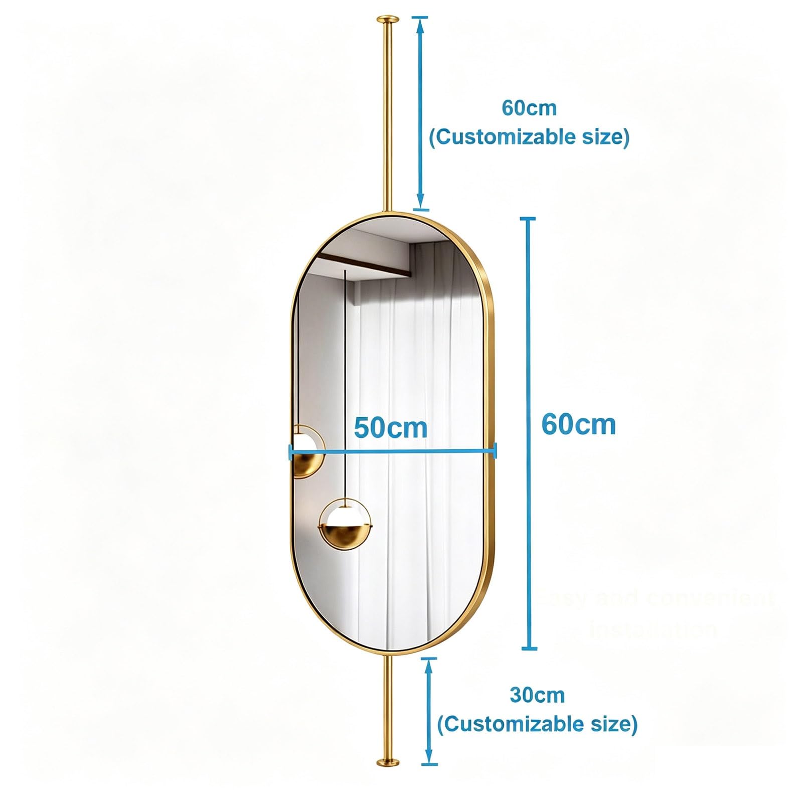 Grande specchio ovale per il trucco del bagno, casa o hotel, specchio sospeso montato a soffitto, specchio da parete galleggiante, oro(50cmx60cm)