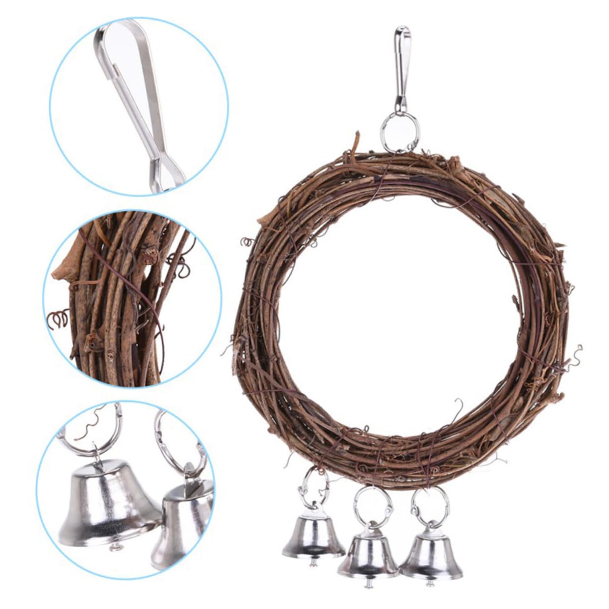 Toddmomy Pet Bird Parrot Swing Rattan Circle with Bells Interactive Wooden Perch for Climbing Exploring Bird for Parrots Cockatiels Lovebirds Random Color Bells Included