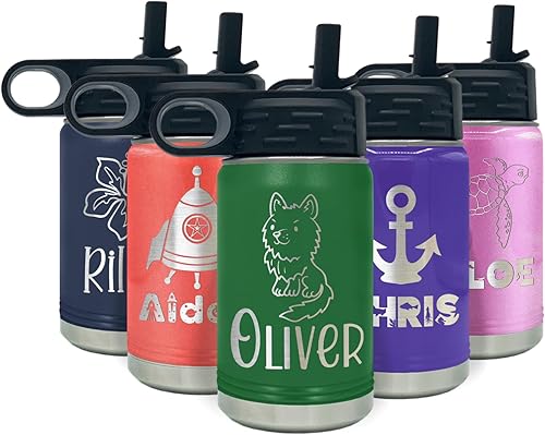 Botella de agua para niños personalizada con nombre en botella de agua aislada con anillo verde mate de 12 onzas