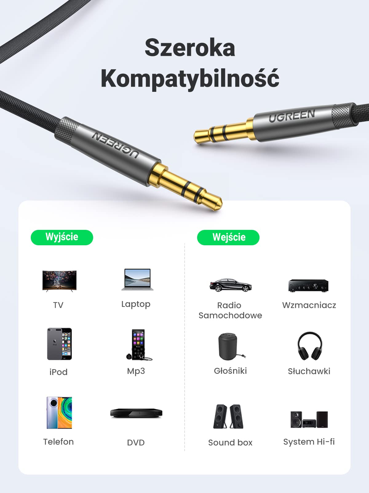 UGREEN Kabel Audio 3.5mm Męski na Męski Aux Kabel Nylonowy Jack (2M)