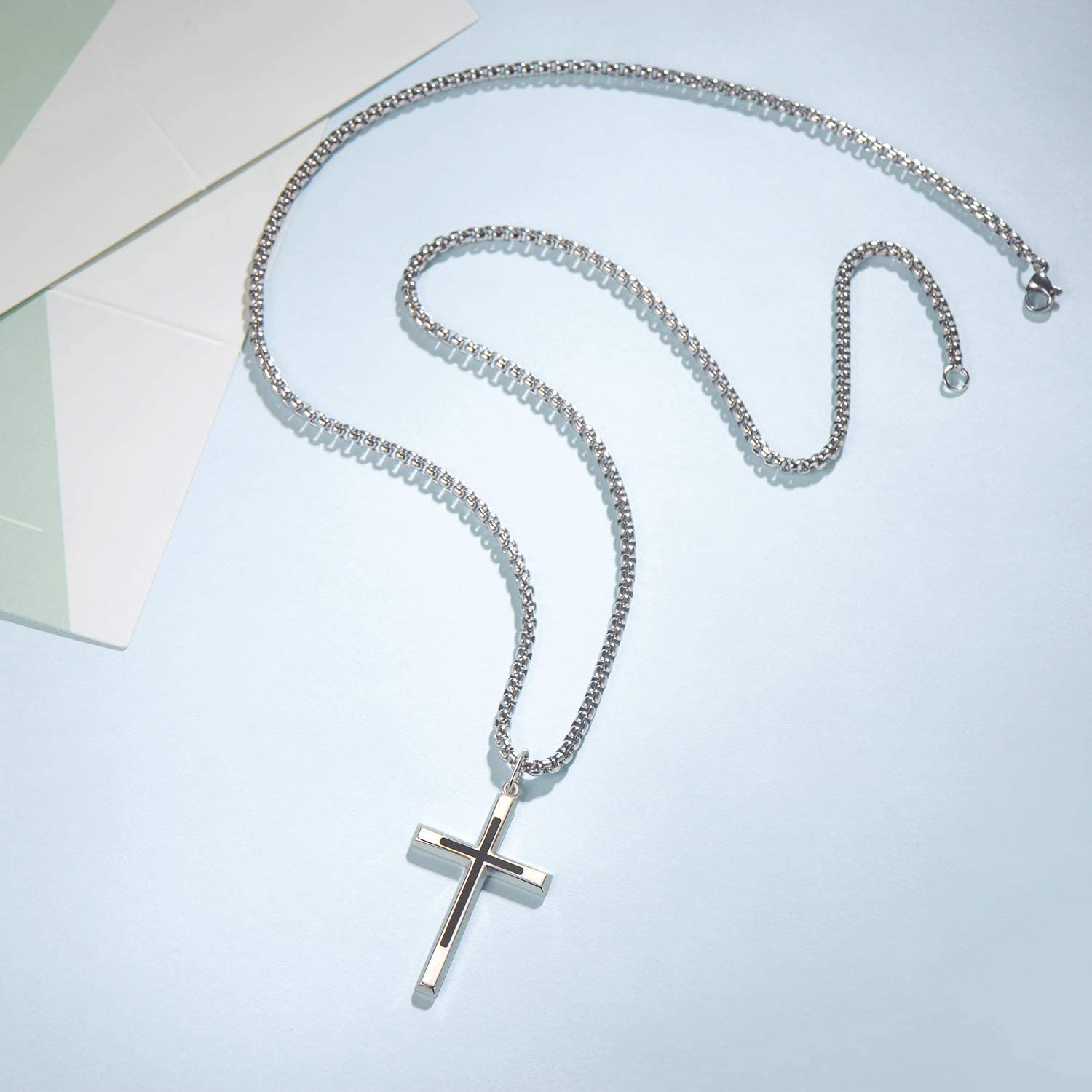FANCIME Collar de Hombre con Colgante de Cruz Negra para Hombre Niños de Plata de Ley 925 Chapada Oro Blanco con Cadena de Acero Inoxidable Joyería para Él Niños - Longitud Cadena: 60 cm