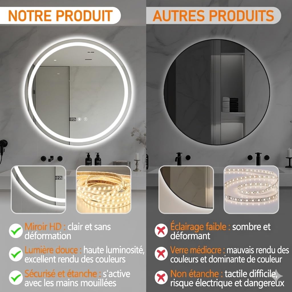 Miroir Salle de Bain Rond LED 60 cm - Anti-Buée, Interrupteur Tactile, Affichage Heure et Température - Miroir Mural Lumineux en Verre Trempé pour Maquillage et Vasque