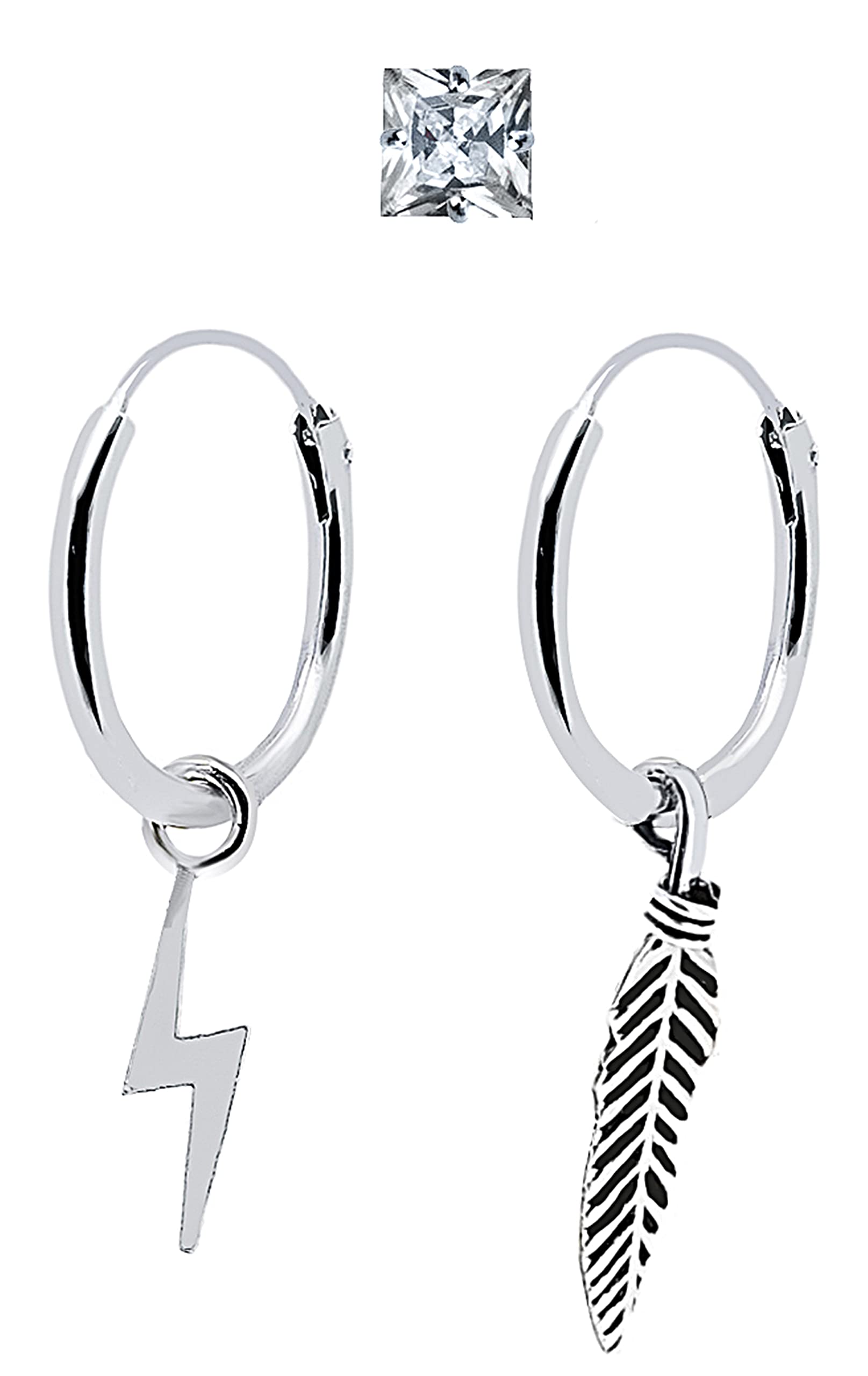 ENTREPLATA Set de Tres Pendientes de Plata de Ley 925 Unisex. Trio de Una Circonita Cuadrada Brillante de 4 mm. y Dos Aros con Colgantes de Rayo y Pluma