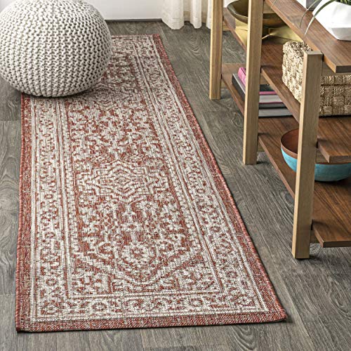 JONATHAN Y Medallion Weave Indoor Outdoor Runner Rug 2X8 Red/Taupe, Sinjuri Textured for Backyard, Patio, Porch, Easy-Cleaning, High Traffic, Pet-Friendly, Non-Shedding (SMB101A-28)