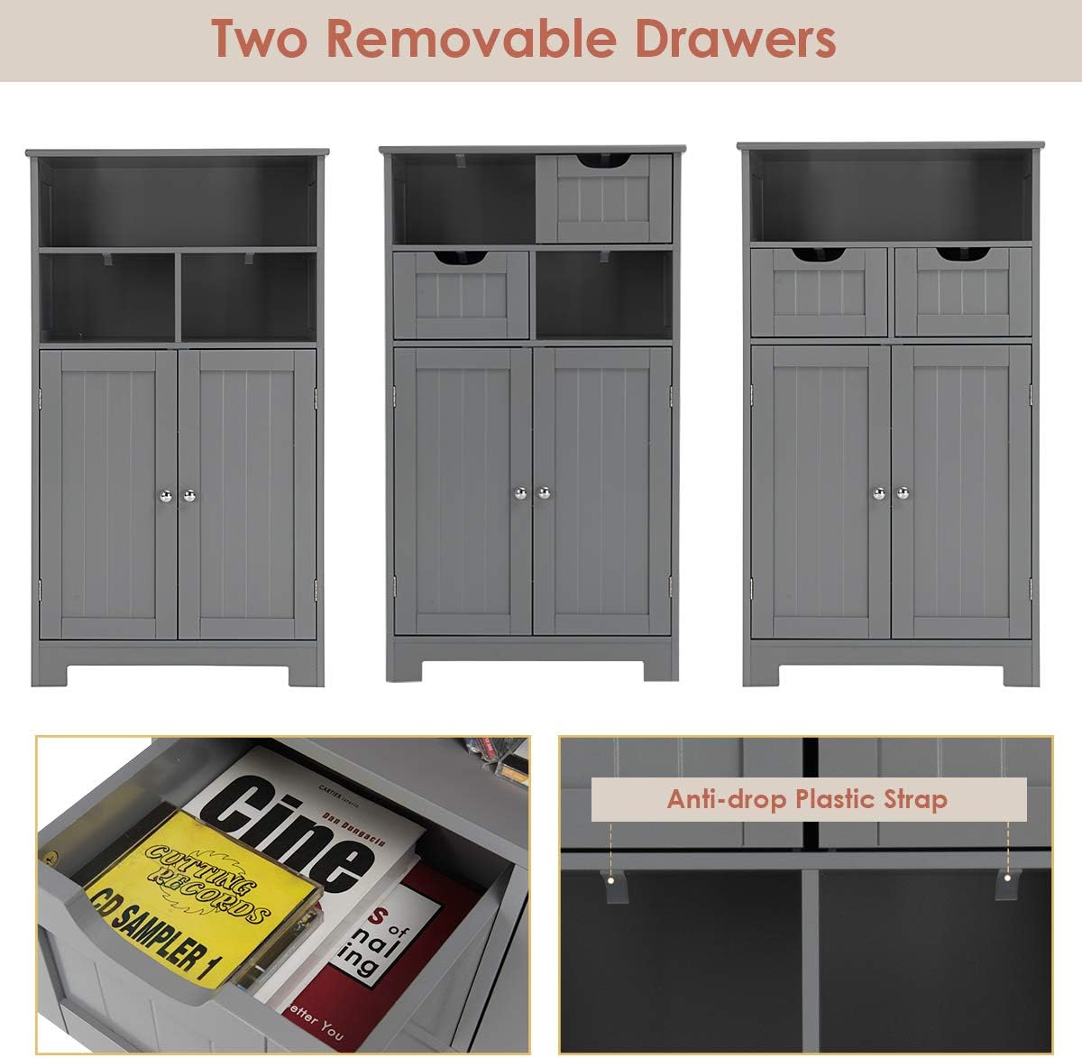 GLACER Multifunctional Floor Cabinet, Bathroom Cabinet with Removable Drawers and Adjustable Shelf for Bathroom, Living Room, Kitchen or Entryway, 24 x 12 x 43 inches (Grey)