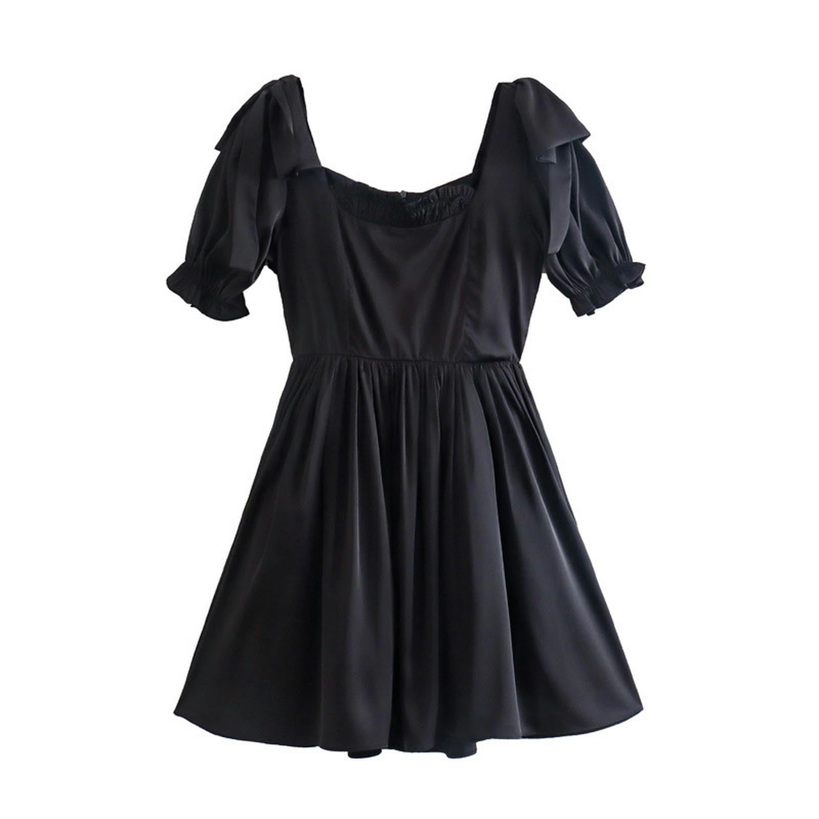 Robe courte noire à col carré et nœud papillon manches bouffantes d'été