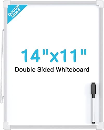 Pizarra blanca pequeña de doble cara, mini pizarra blanca colgante de 14 x 11 pulgadas, pizarra blanca de borrado en seco con un marcador negro de