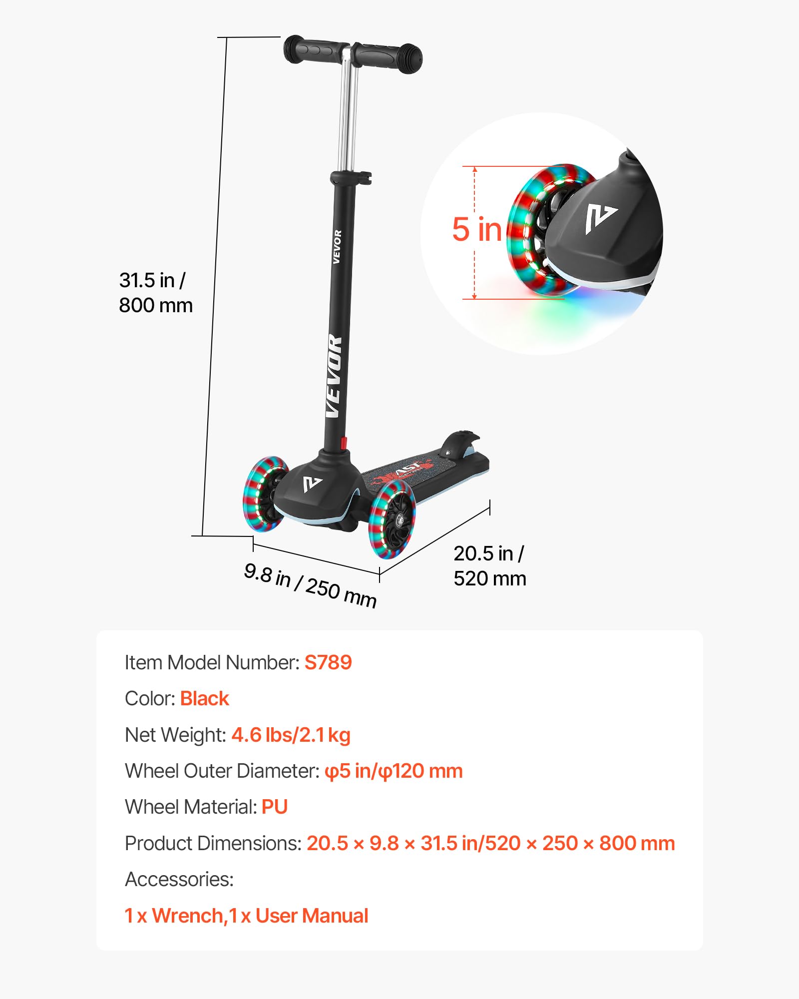 VEVOR Monopattino con 3 Ruote per Bambini da 3 Anni, Monopattino Carico max. 75kg 3 Altezze 710/755/800 mm, Ruote Luminose φ120 mm, Manubrio Altezza Regolabile, Pedana Antiscivolo, Nero