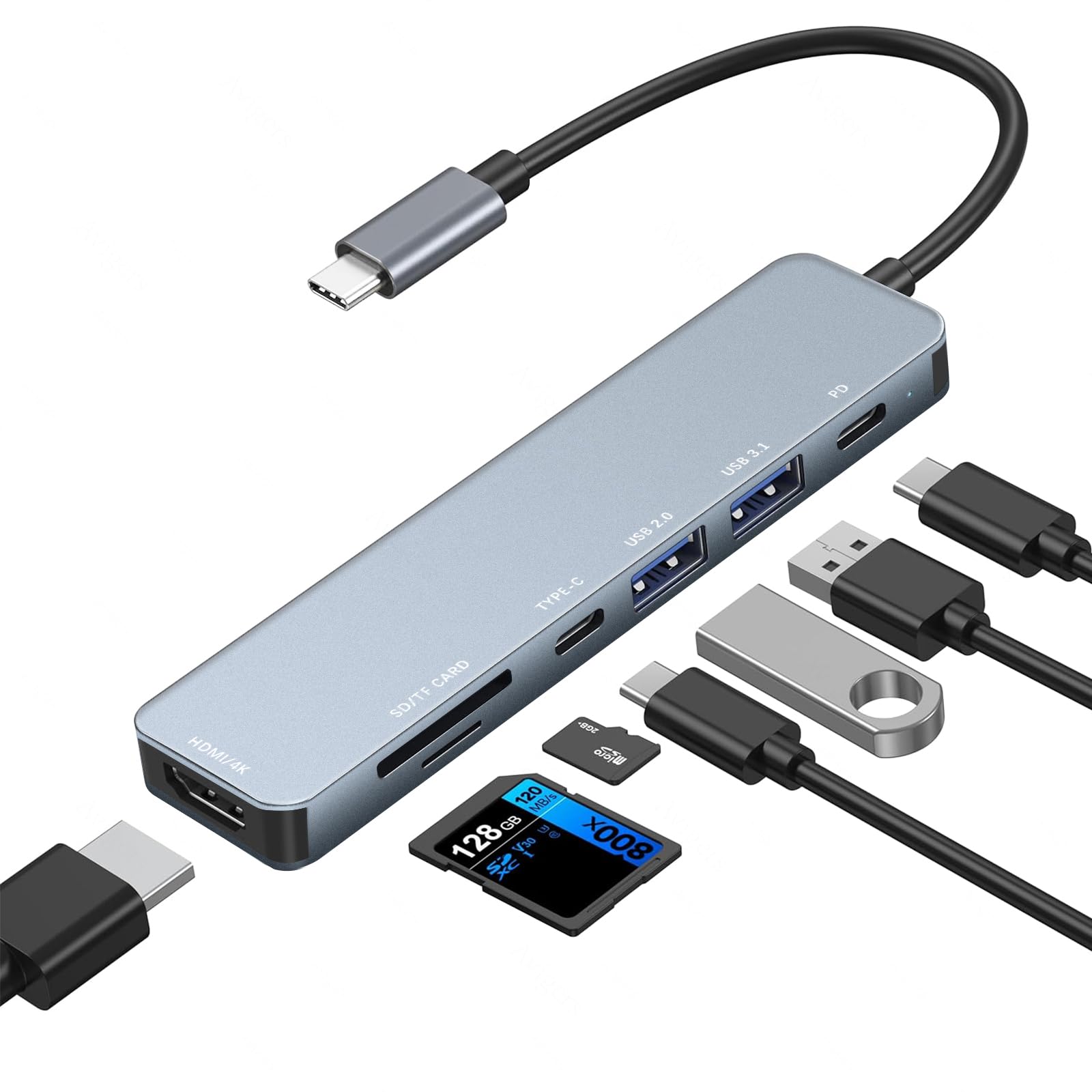 Avigers USB C Hub, 7-in-1 USB c to HDMI Adapter with 4K HDMI, 100W PD, USB 3.0, USB 2.0, USB-C Data Port, SD&TF Card Reader, Type-C Multi Adapter for MacBook Air/Pro,iPad Pro,Huawei,Dell,Samsung etc