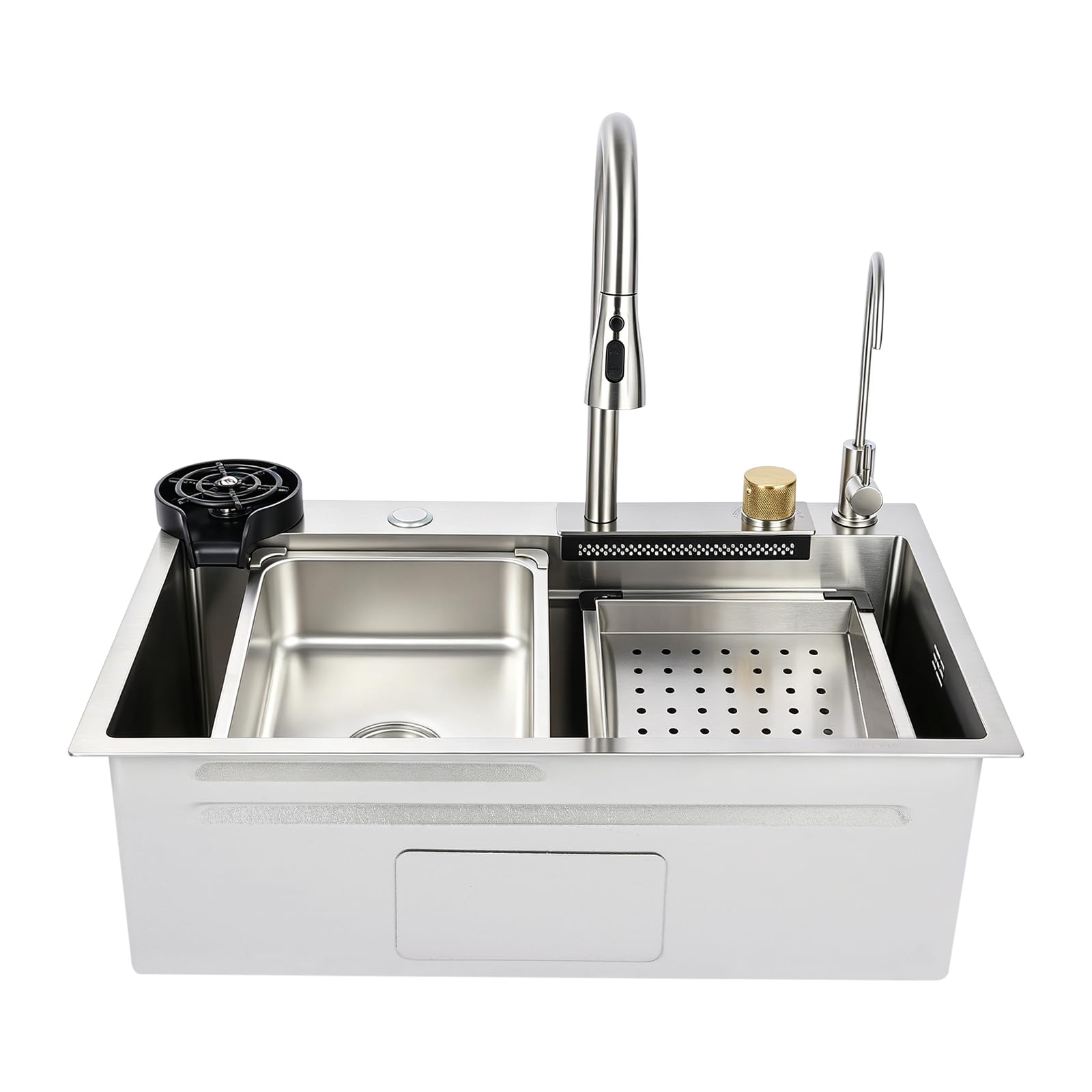 Fregadero de cocina 68 × 35 × 21 cm, acero inoxidable 304, 4 modos, juego completo | Grifo extensible con diseño de doble etapa, incluye 5 puntos de montaje preperforados, sifón y sistema de filtro
