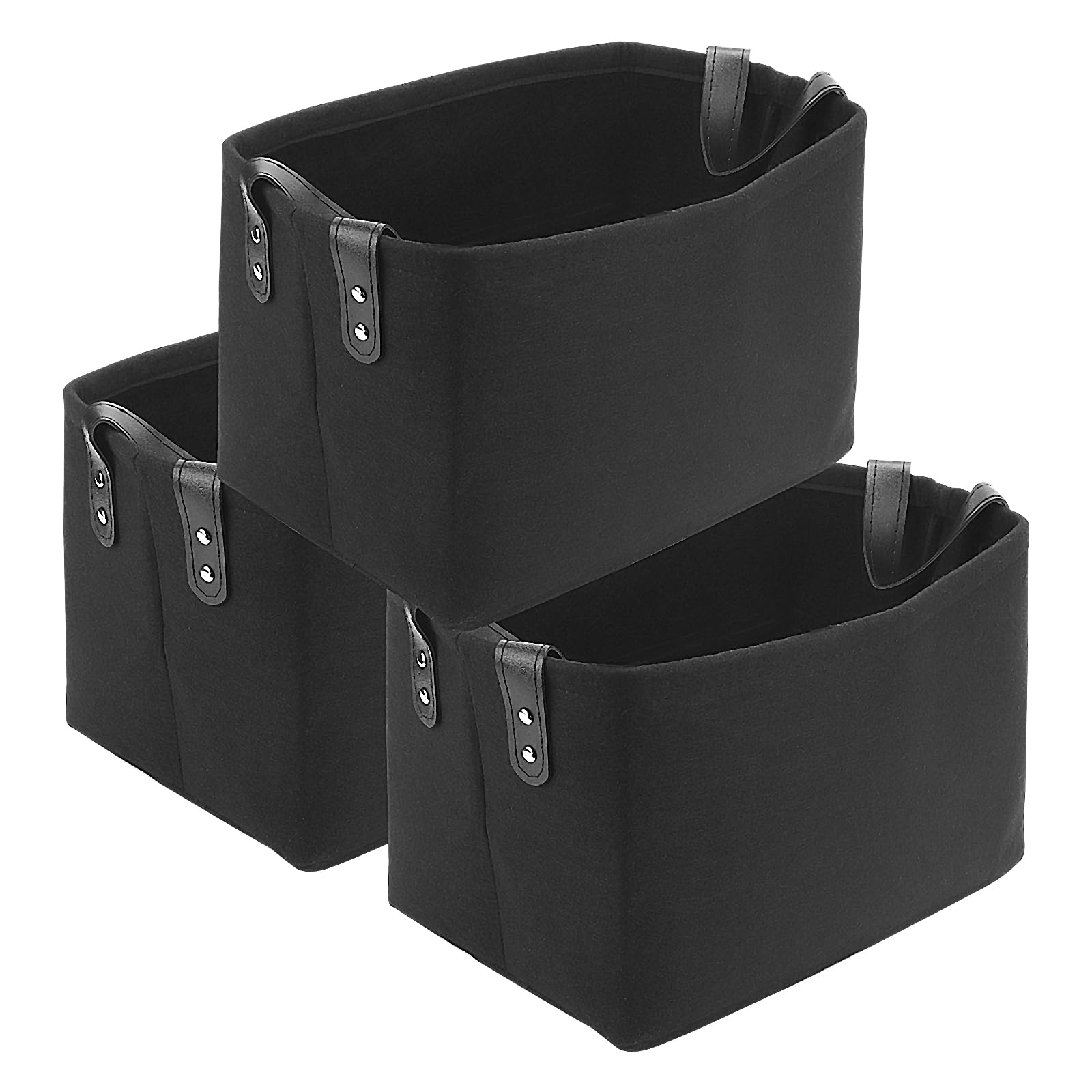 JIAYUET 3 PCS 30 x 20 x 20cm Black Felt Storage Basket, Small Rectangle Foldable Basket Organizer with Handle, Large Open Storage Boxes for Clothing, Towel
