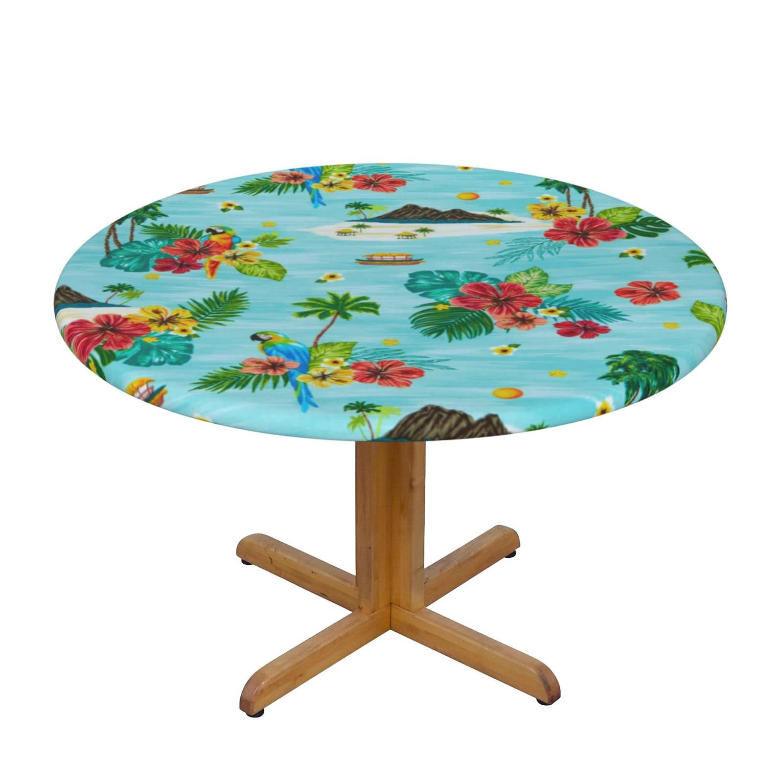 Lsjuee Round Fitted Tablecloth 45-50in Elastic Edged Table Cloth for Kitchen Dining Party Home Decor - Island Leaf Landscape