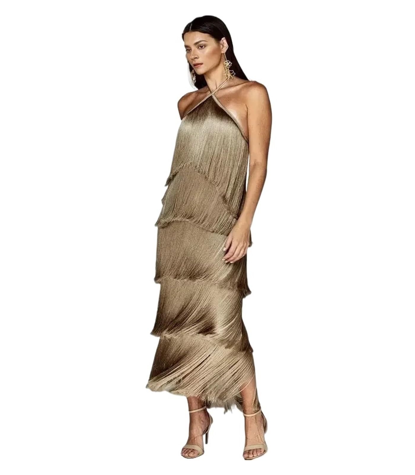 Fransenkleid Rückenfreies Kleid mit Schlitz und Fransen am Hals for Damen