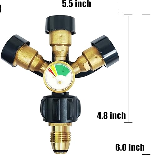 Miniatura 2 de Divisor de propano QCC/POL de 3 vías mejorado con medidor y válvula de cierre, adaptador divisor de tanque de propano 3 Y, adaptador de medidor de