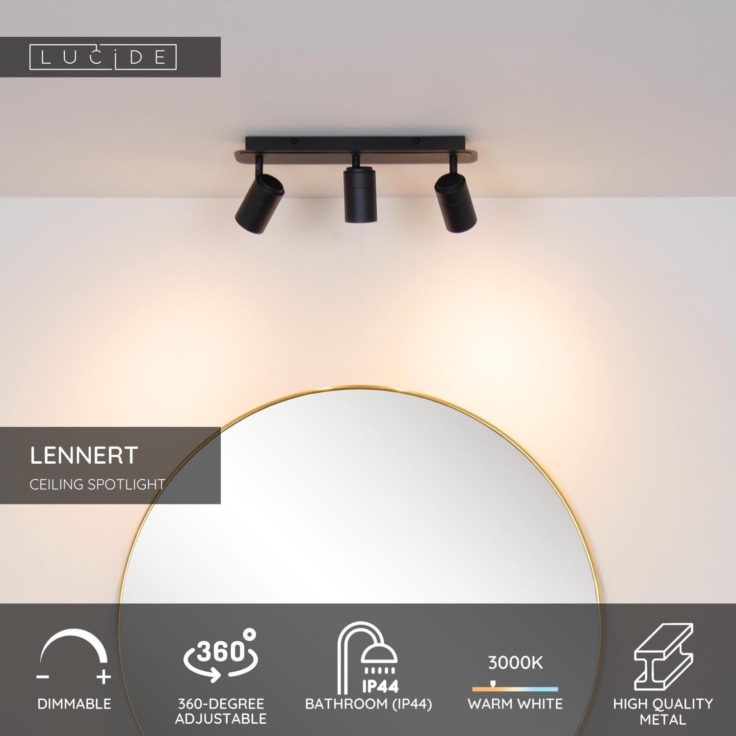 LUCIDE LENNERT - Foco de techo Baño - LED Regul. - GU10-3x5W 3000K - IP44 - Negro