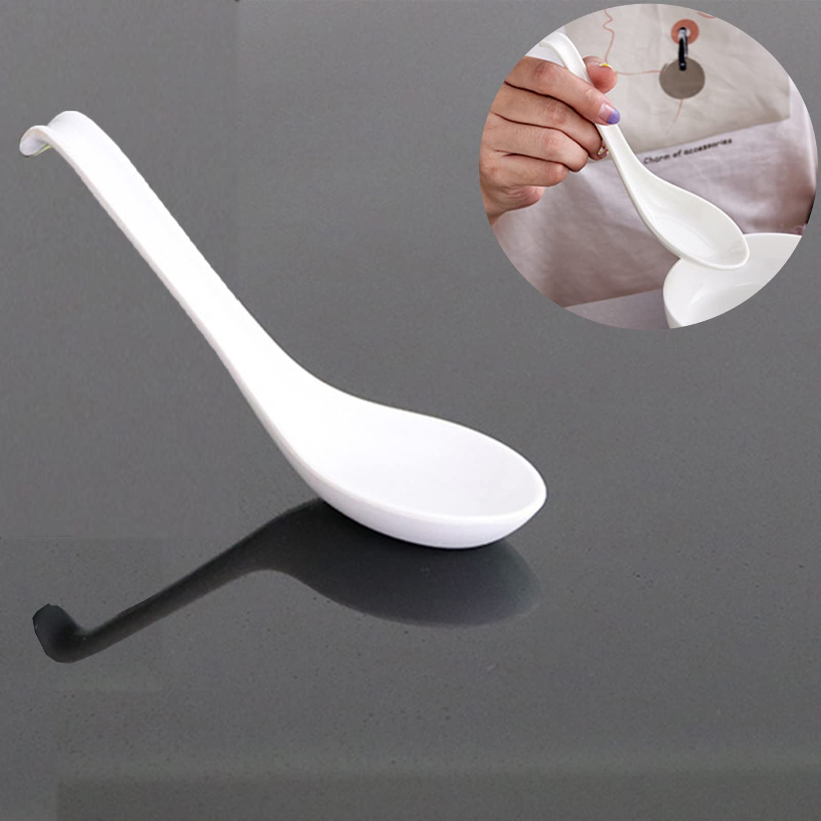 10 Pezzi Cucchiaio da Minestra in Melamina, Cucchiai da Zuppa di Melamina, Cucchiai per la Zuppa Asiatica con Manico Lungo, Adatto per la Cucina del Ristorante Familiare(Bianco)
