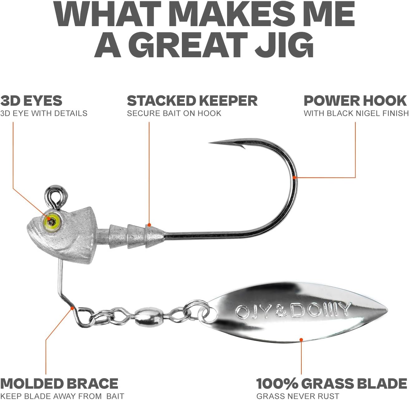 6-Pack Underspin Jig Heads with 100% Brass Blade (Never Rust) - 3/16oz, 1/4oz, 3/8oz, 1/2oz - Bass & Saltwater Fishing